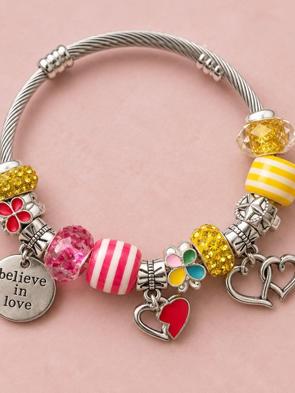 Handmade Silver Charm Bracelet with Pink, Yellow and Multicolor Accents